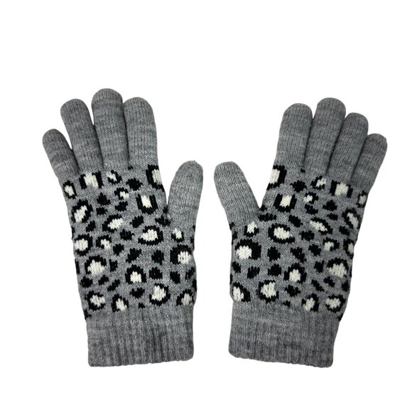 Women’s Gray Leopard Print Knit Winter Gloves Fleece Lined - Picture 1 of 4